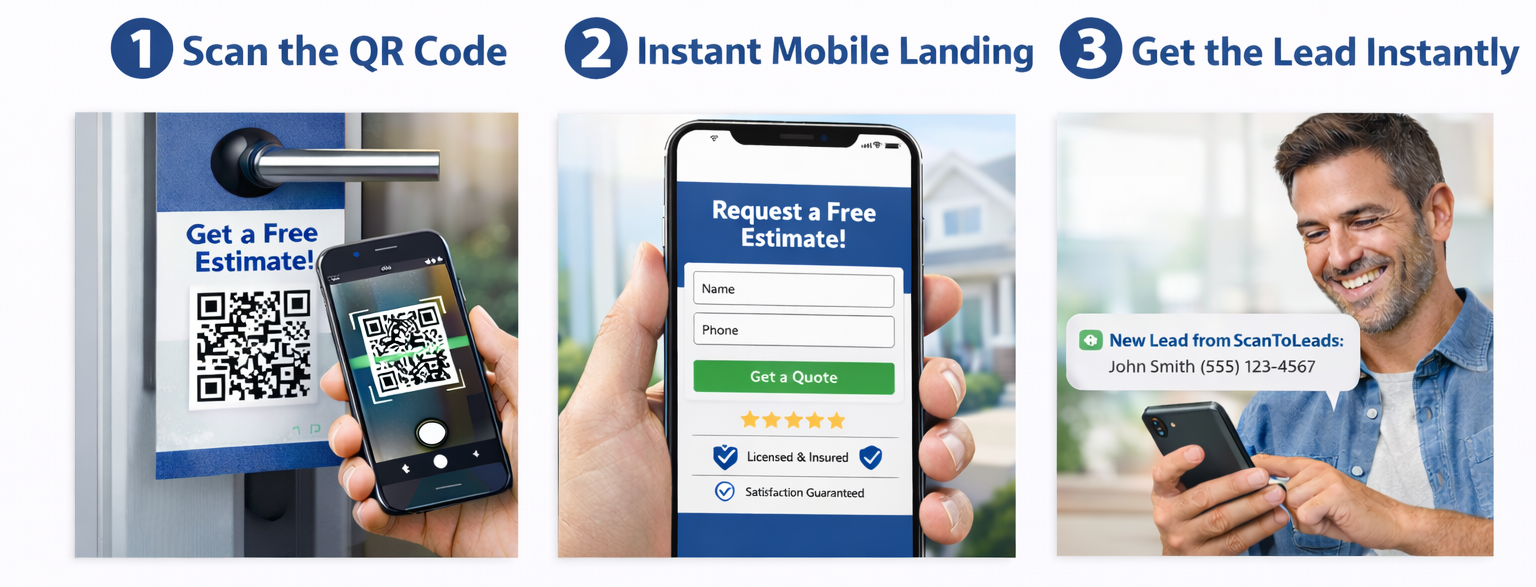 How ScanToLeads works: scan QR code, instant landing page, get lead instantly
